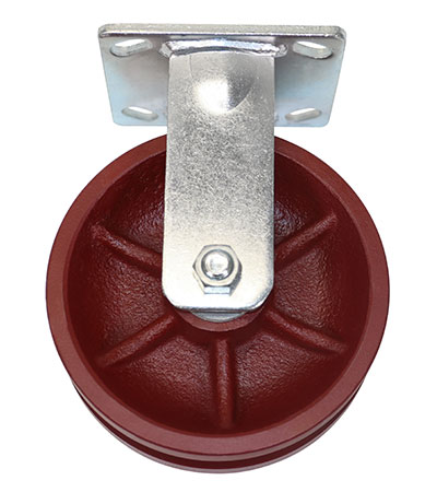 Side view of rigid caster with red wheel